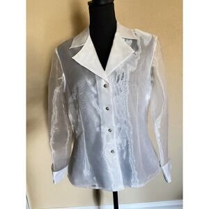 Metaphor White Sheer Organza Button Down Blouse Rhinestone Buttons Large Vintage
